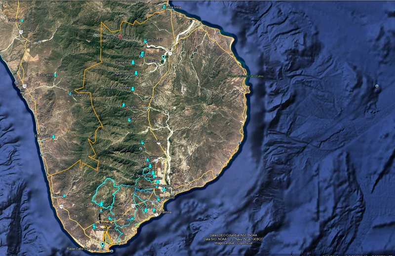 Mapa satelital de Comondú y Loreto con sitios de presas propuestos